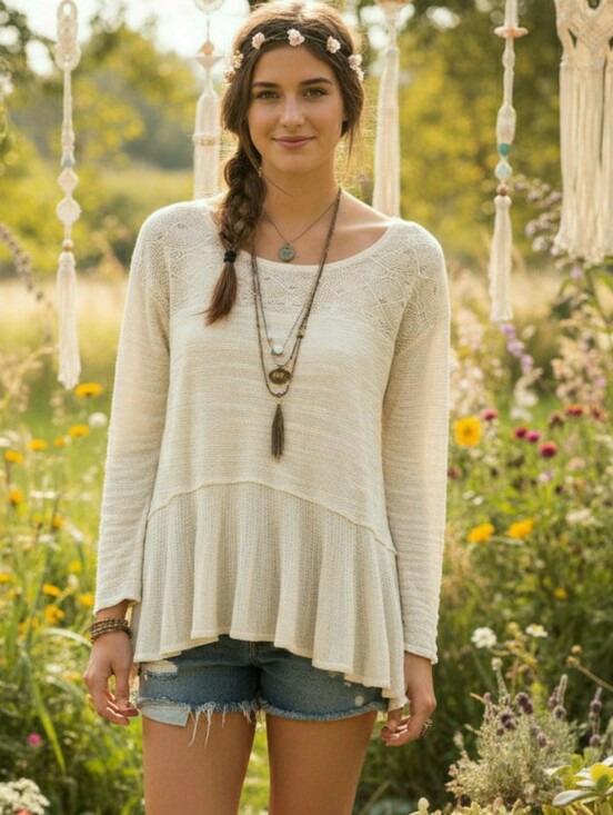 Free People Tops - Free People Boucle Knit Ivory Ruffle Bottom Lace Insert Top